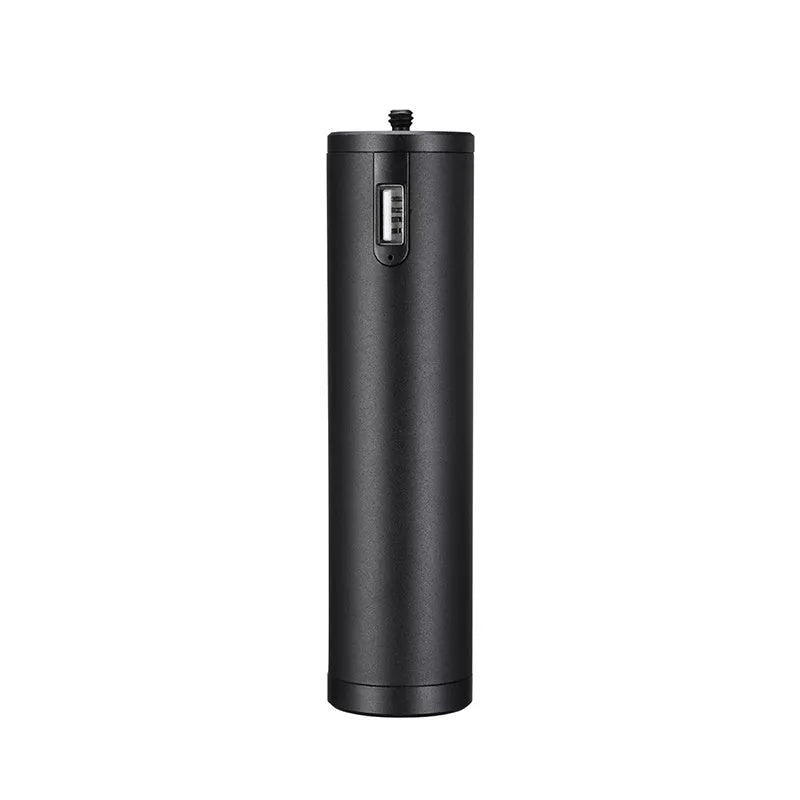 Black aluminium alloy power bank with an integrated handle, showing its compact size and Type C port.