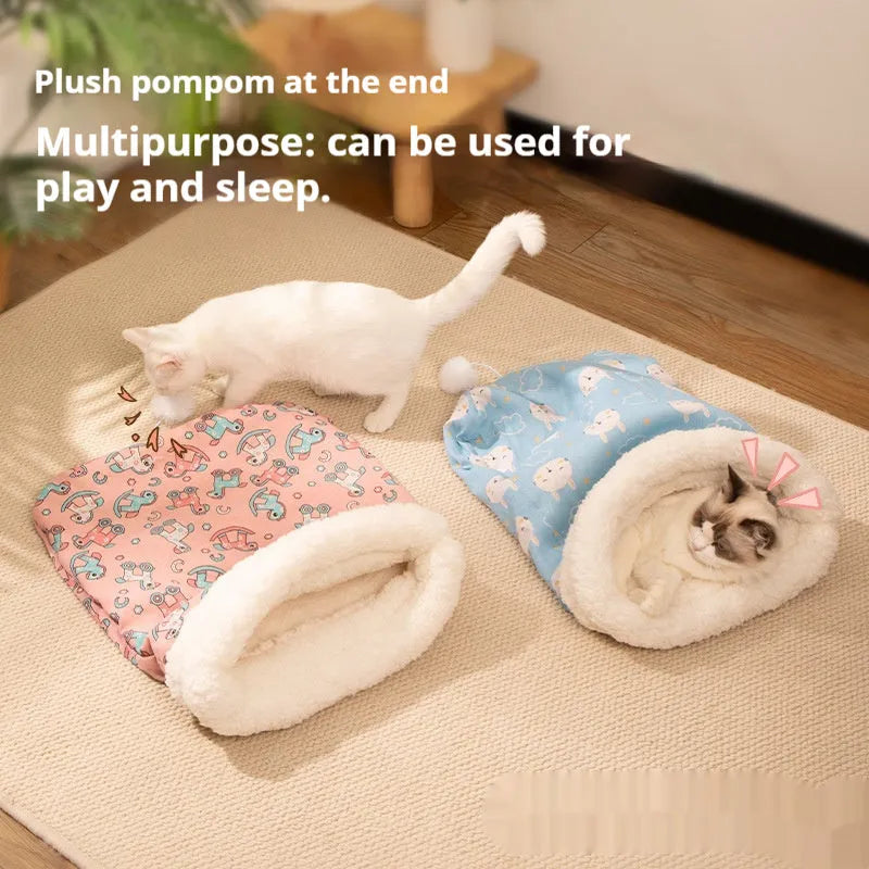 Blue rabbit pattern cat sleeping bag nest measuring 50cm by 40cm with flannel lining