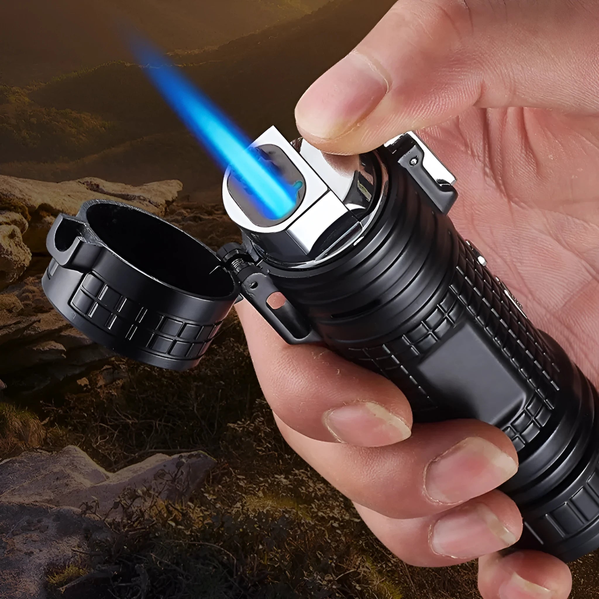 TH727 multifunction metal flashlight lighter in camouflage colour showing LED light, plasma arc, and knife.