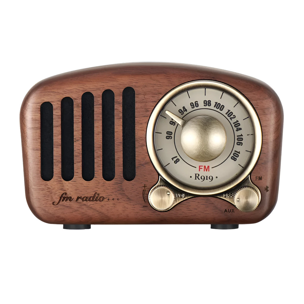 Retro wooden wireless mini Bluetooth speaker in cherry wood or walnut finish measuring 111.6mm x 50mm x 68mm