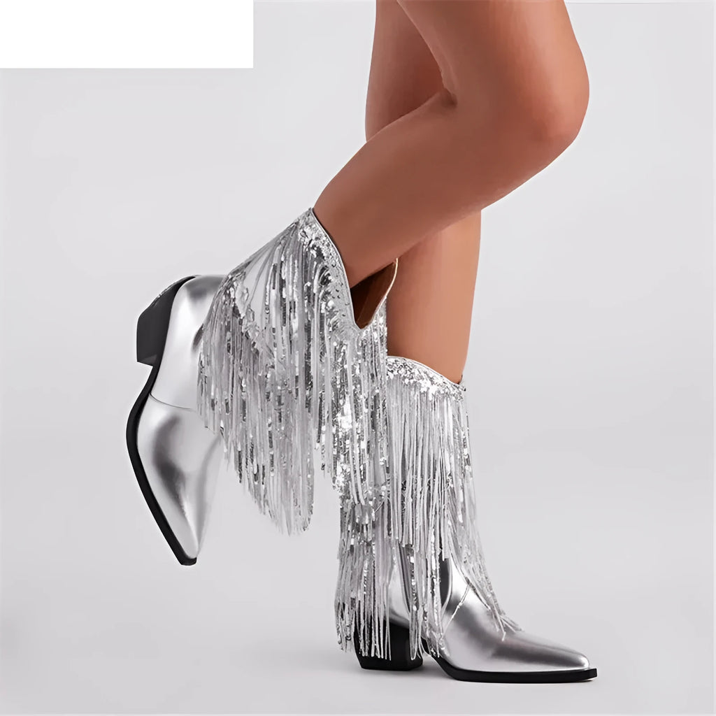 Women's black chunky high-heel ankle boots with a pointed toe and decorative tassel.
