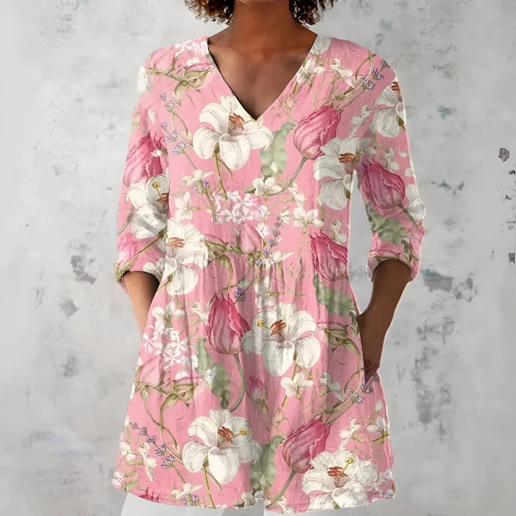 Women's retro slim fit printed long-sleeved polyester top in various colour options