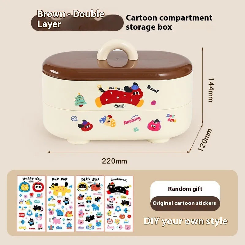 Plastic desktop storage box with cartoon stickers showing 2L capacity for stationery organisation
