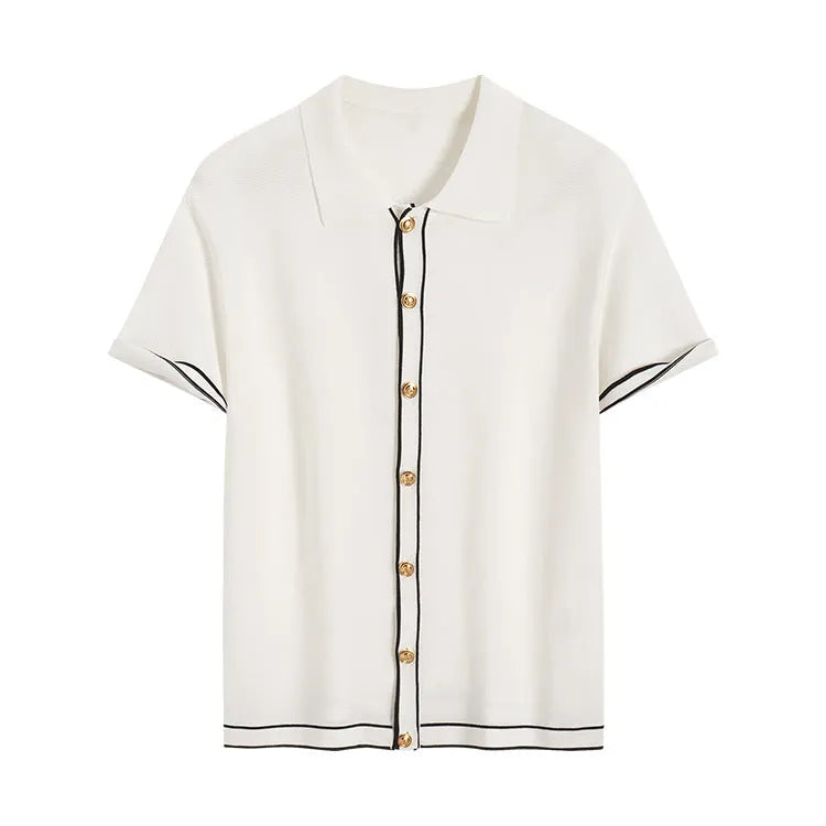 White women's cardigan with contrasting lapels and short sleeves