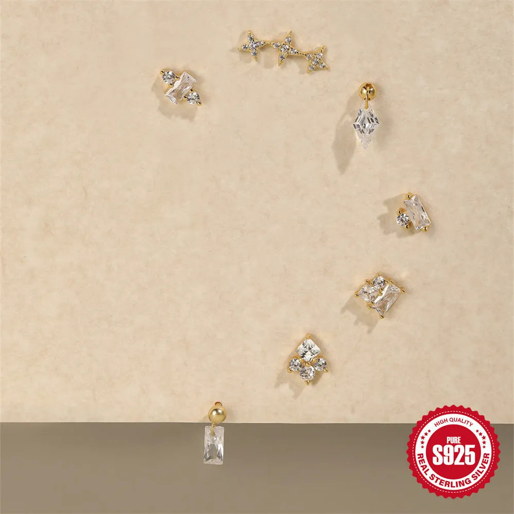 S925 sterling silver women's flower stud earrings with red gravel square setting and gold colour finish