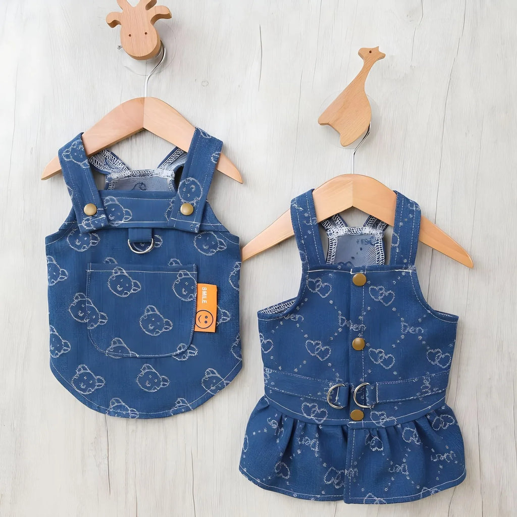 Teddy Bichon dog wearing denim princess dress with bracket skirt design