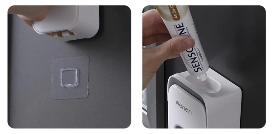 Automatic wall-mounted toothpaste dispenser in blue, grey, or pink colours with LED display