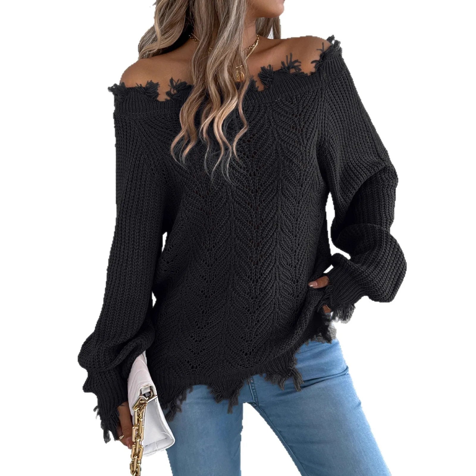 Women's hollow-out design off-the-shoulder pullover sweater in artificial wool fabric