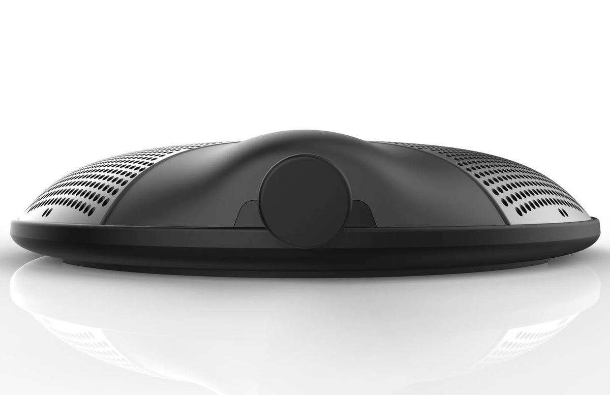 Black USB condenser desktop microphone for conferences and gaming with 9x9x1.7cm dimensions