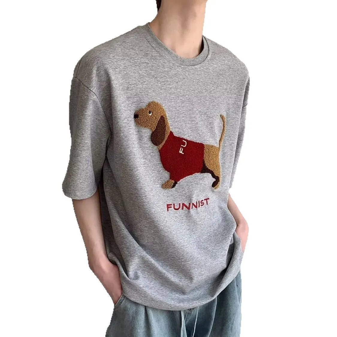 Men's gray T-shirt with embroidered sausage dog design on front