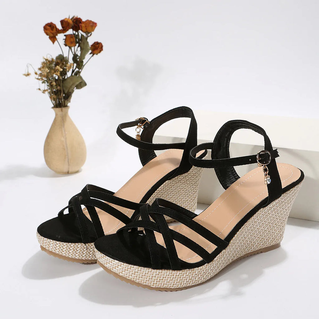 Women's black cloth wedge sandals with fish mouth toe design