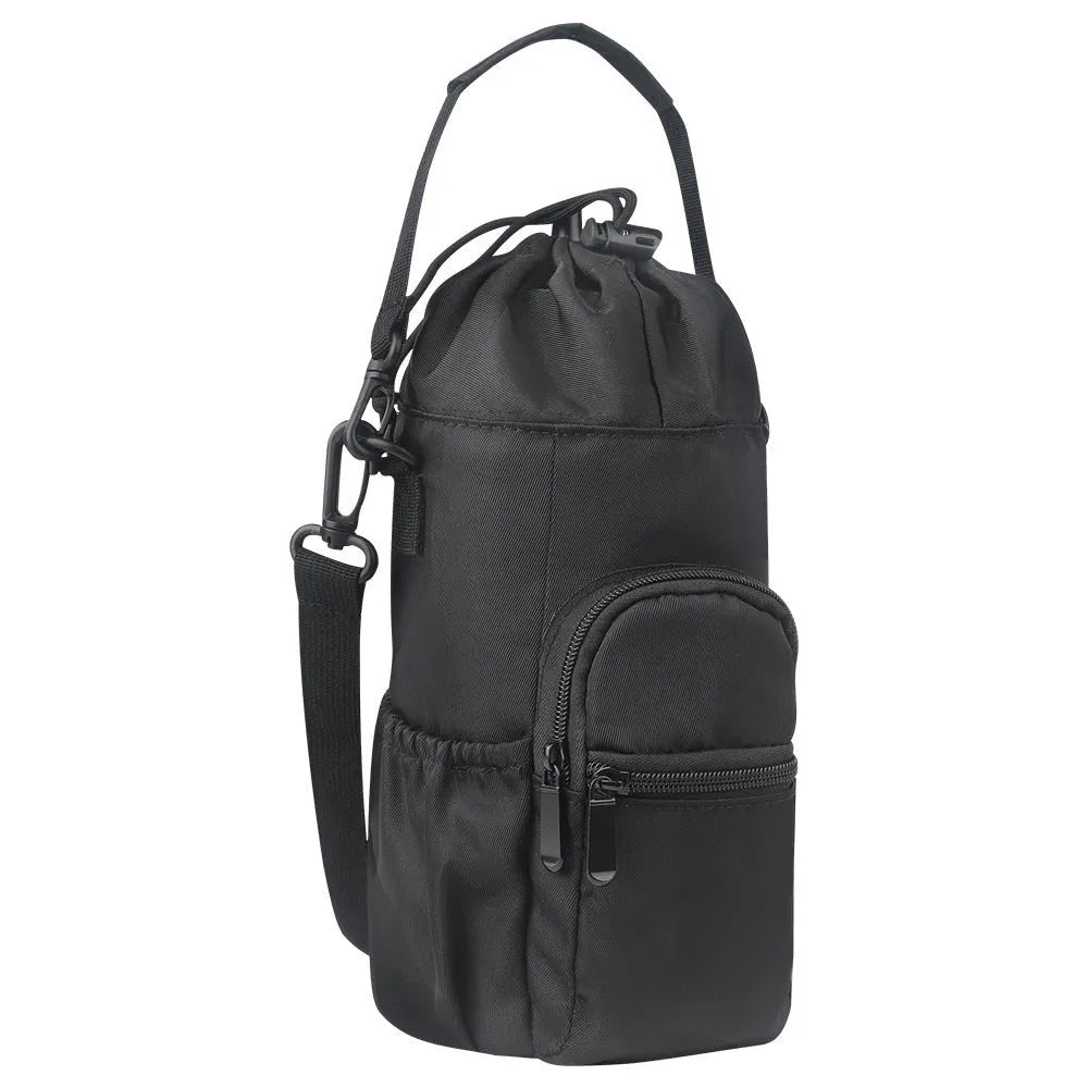 Cloth water bottle shoulder bag in black, green, or pink colours with a drawstring closure.