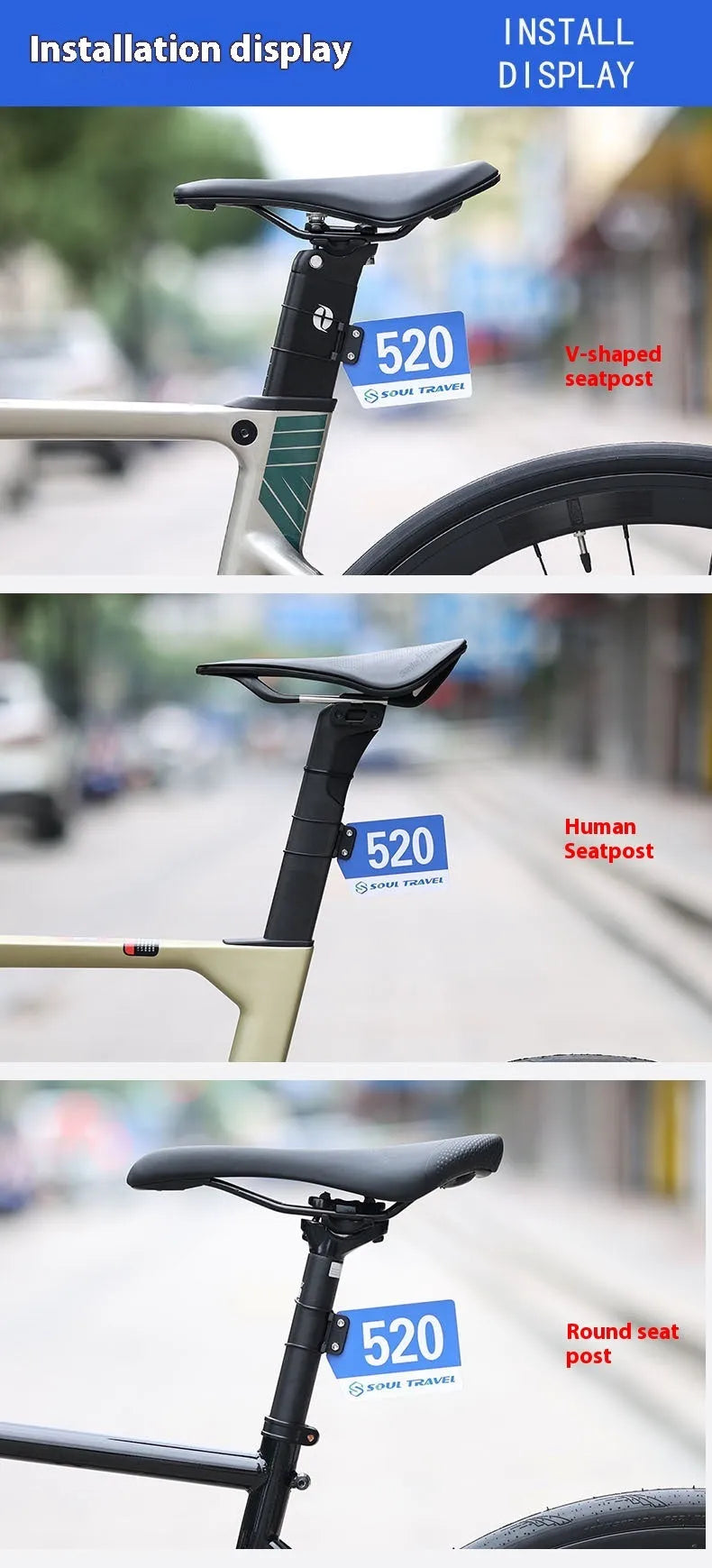 Bicycle number plate bracket for round tube and cracked air duct, plastic resin mount with leather rings and tool