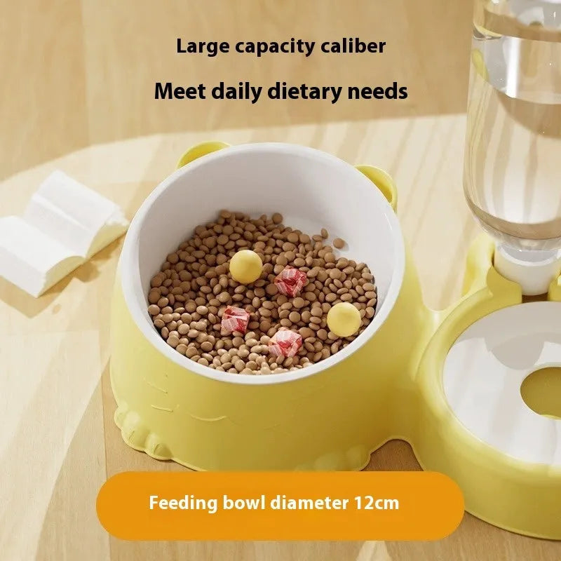 Grass green double bowl cat feeding basin with automatic drinker and ceramic base.