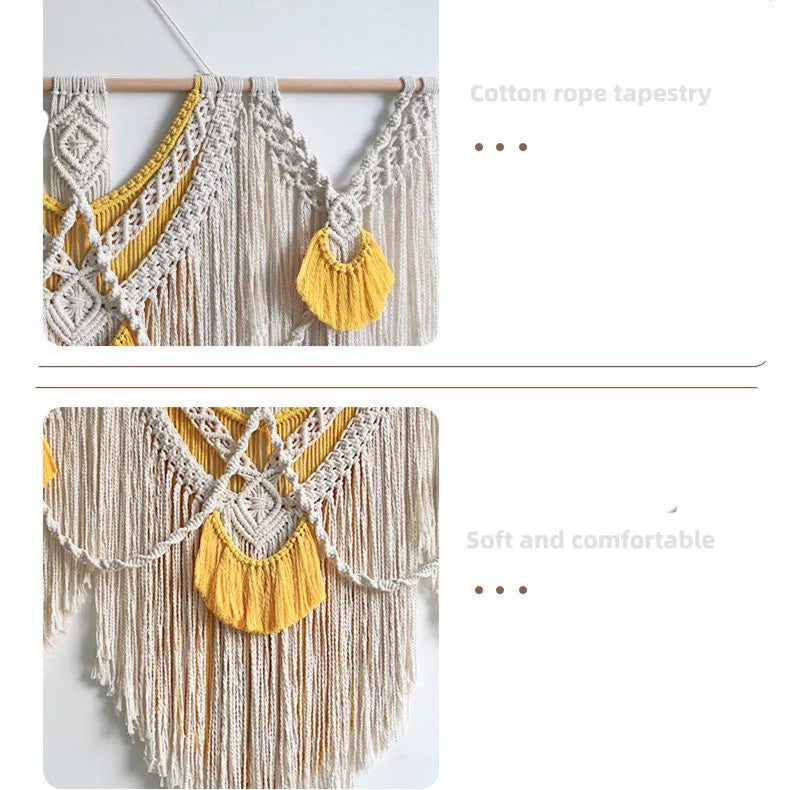 Nordic style hand-woven cotton tapestry in creamy-white with yellow detailing
