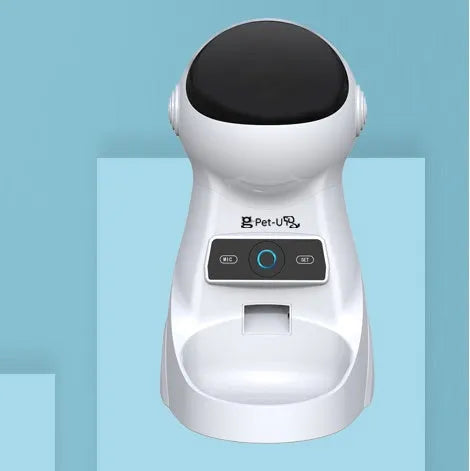 White automatic pet feeder, L210 x W290 x H380 mm, with 3L dry food capacity and USB power cord