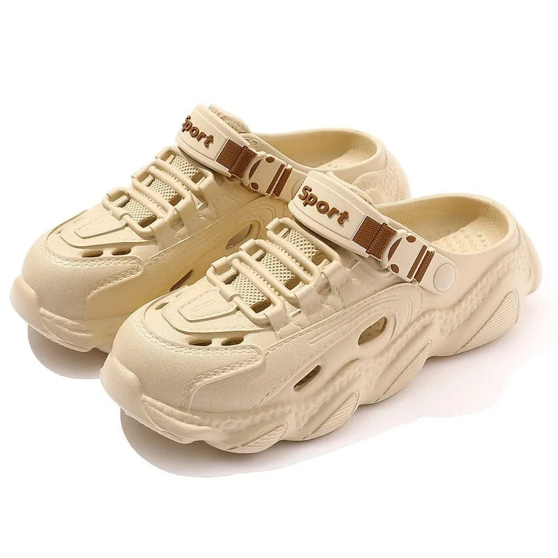 Men's khaki outdoor slippers with breathable hollow-out design and textured EVA sole.