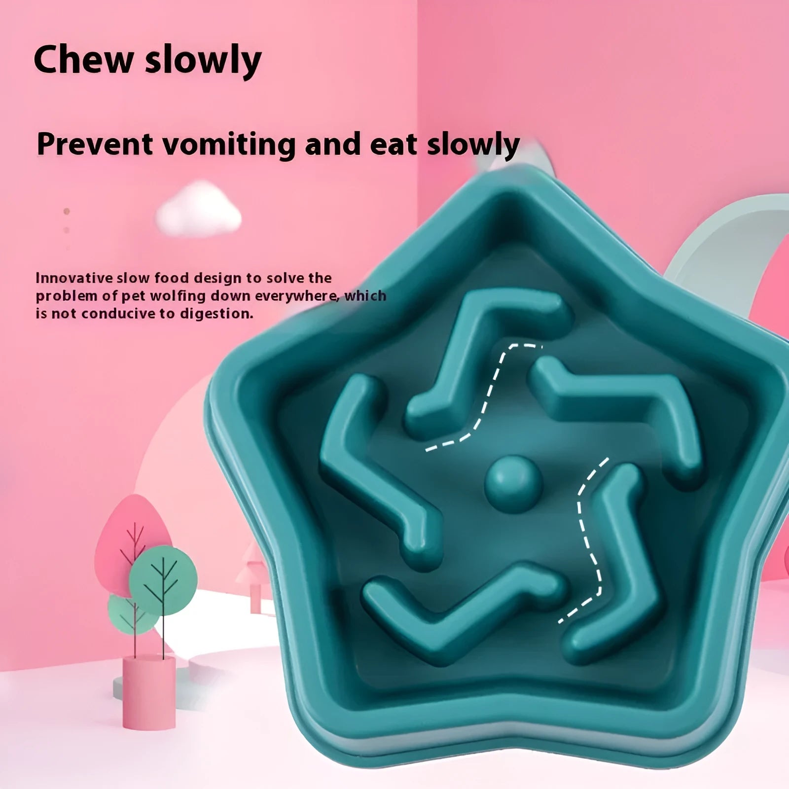 Yellow plastic dog slow feeding bowl with textured bottom for choking prevention