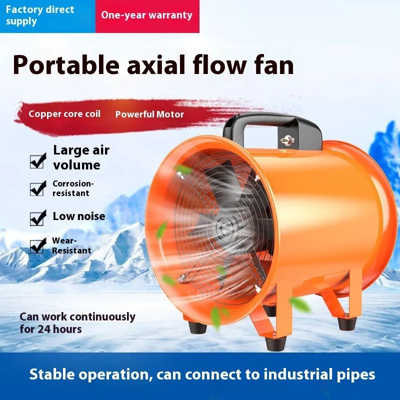 Silver portable industrial axial flow fan with attached flexible duct on a workshop floor.