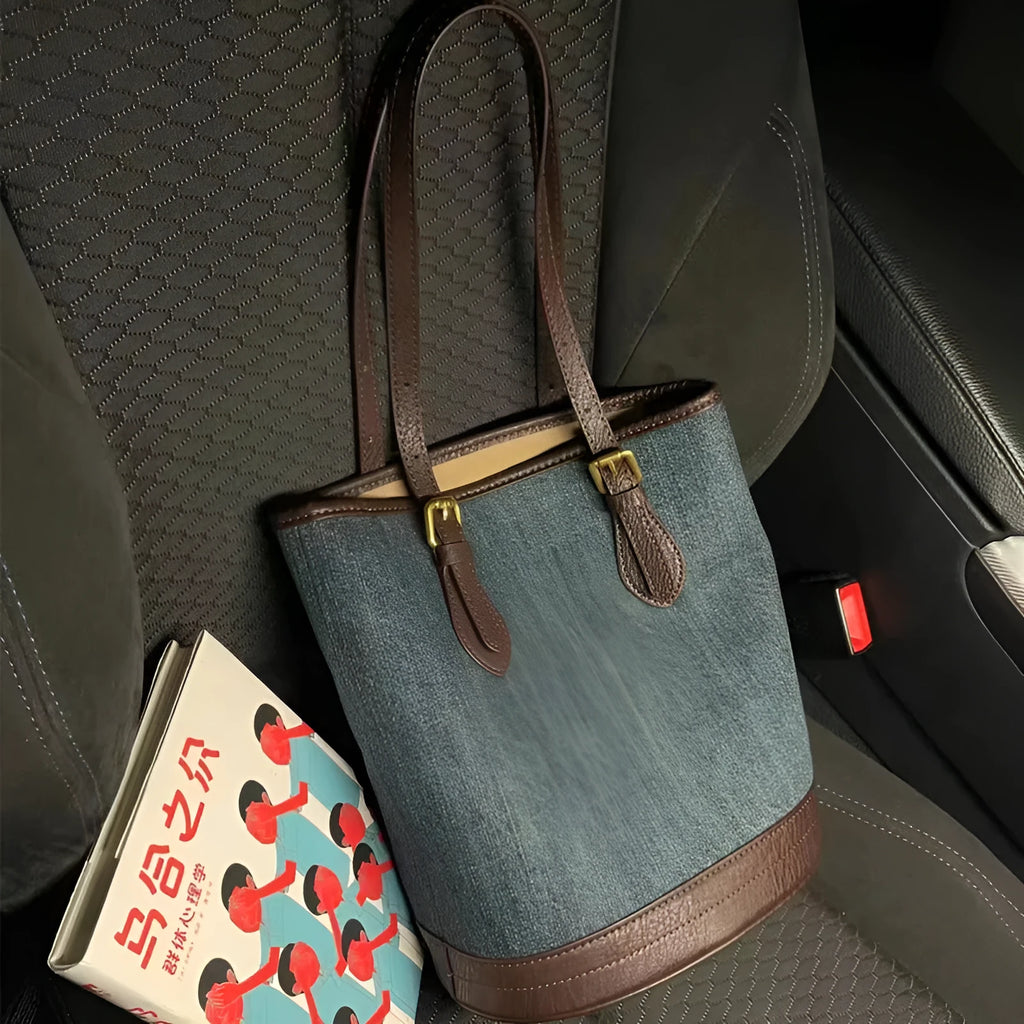 Denim patchwork retro bucket handbag with one shoulder strap