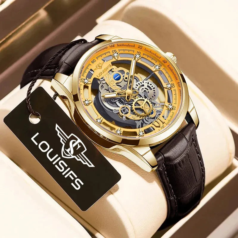 Men's Swiss hollow business quartz watch with leather strap, 12mm thickness