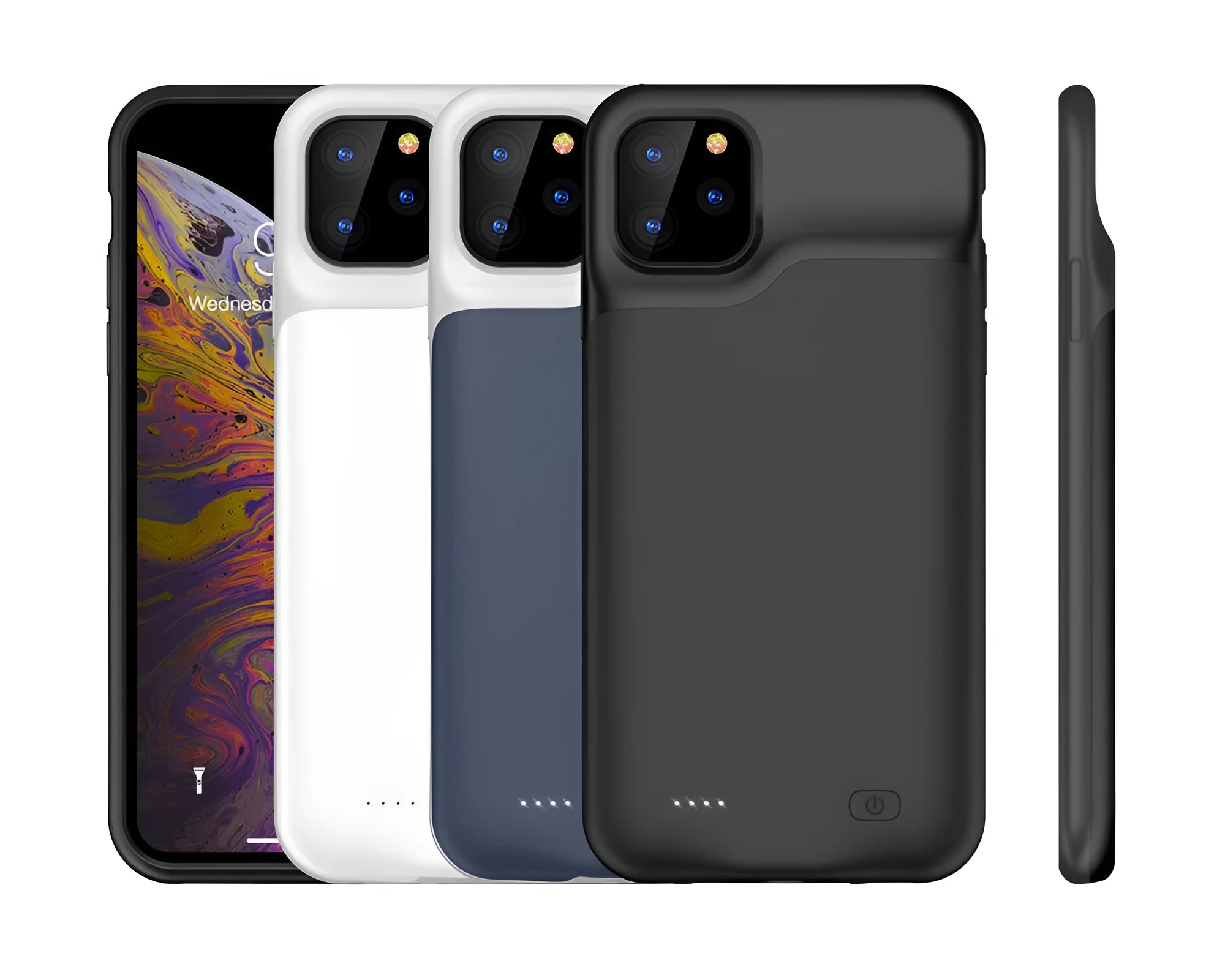 Shockproof silicone iPhone battery charger case in black, blue, pink, or white with integrated high-capacity battery.