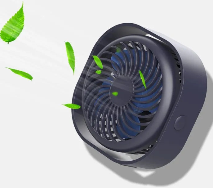 USB-powered alarm clock style desk fan with rotating head in blue, pink, white, or green.