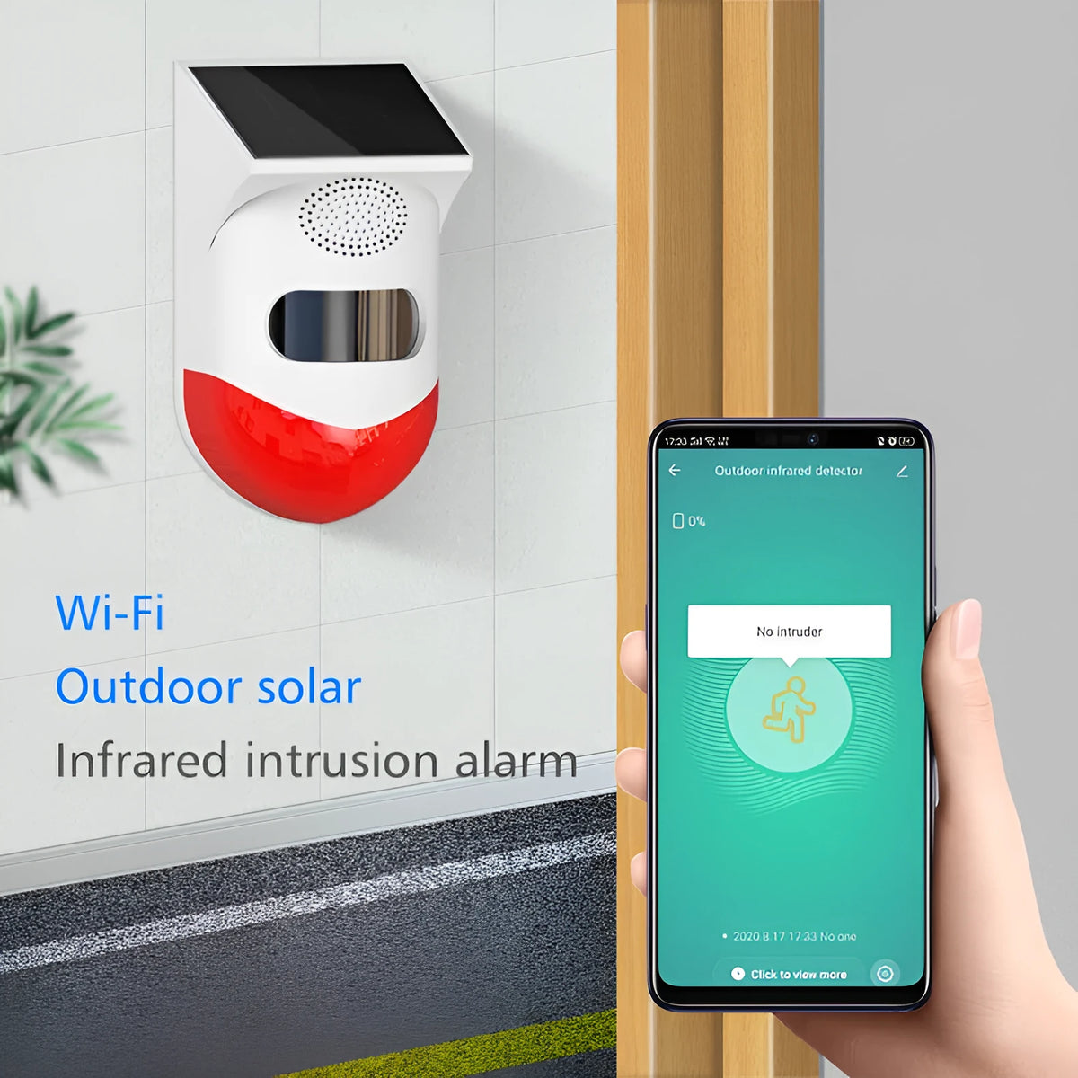 Solar-powered infrared security alarm with wall mount for outdoor property protection