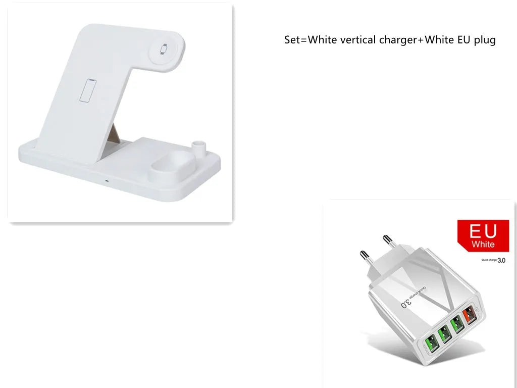 4-in-1 wireless charging station with adjustable magnetic support plate charging multiple devices