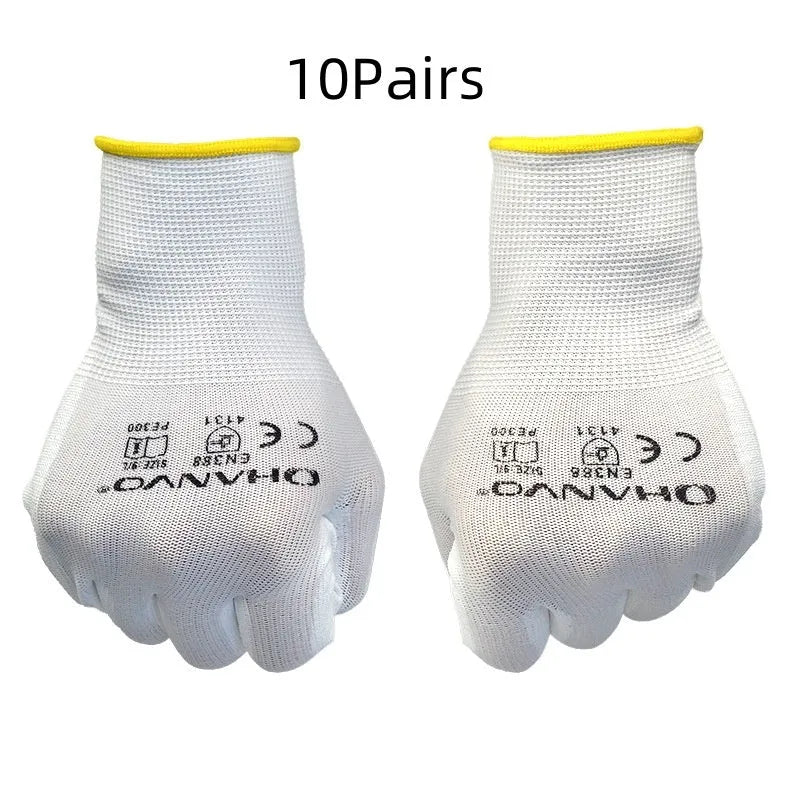 White PU coated labour gloves showing length and flexible construction