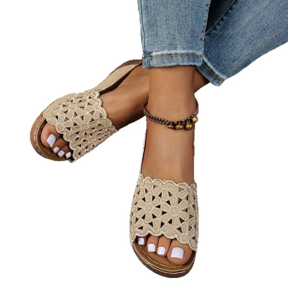 Women's floral cutout wedge beach slippers in black, blue, khaki, or light brown with PVC upper and rubber sole