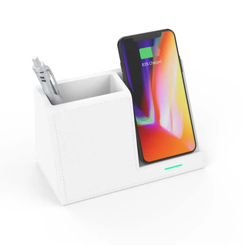 Black leather desk organiser with wireless phone charger and pen holder slot