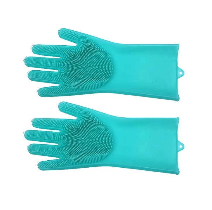 Blue silicone cleaning gloves with textured scrubbing surface on palms for washing dishes