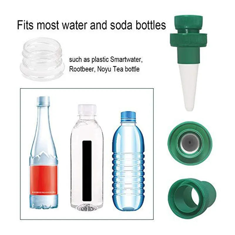 Green ceramic plant watering dripper attached to cola bottle for automatic irrigation
