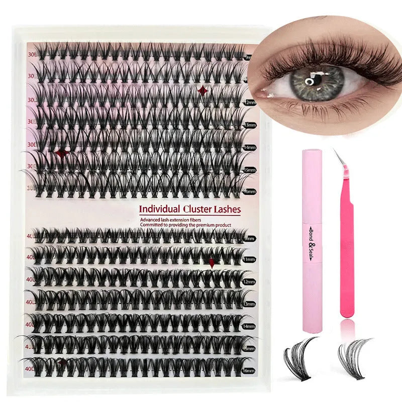 DIY cluster lashes mixed package with 30D and 40D high-grade fibre false eyelashes ranging 9-16mm with tweezers