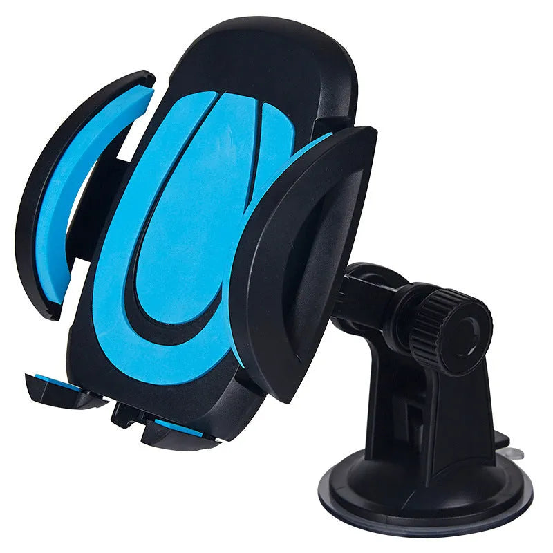 Red ABS plastic car phone holder with U-shaped clamp and suction cup mount on a dashboard.