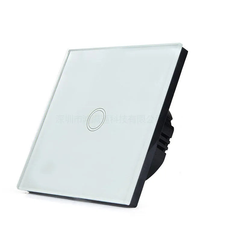 Square tempered glass touch light switch in black, gold, or white finish for wall mounting.