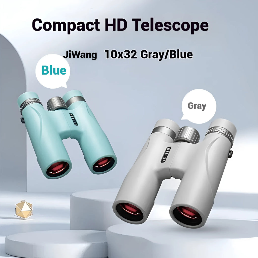 Blue or grey coloured compact 10x32 binoculars with wine red film coating on the lenses.