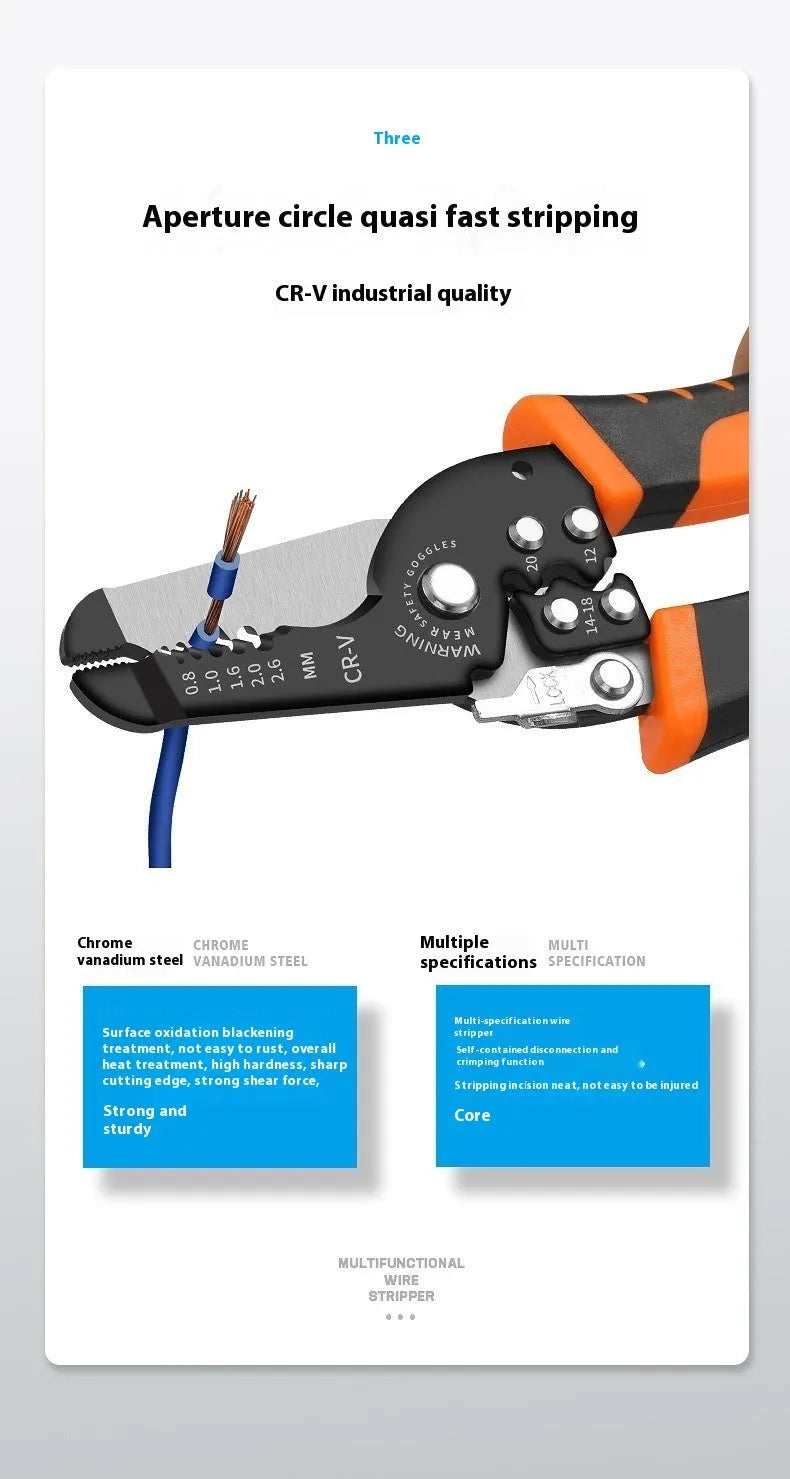 Fully automatic wire stripping pliers tool with high carbon steel blade for electrical cable preparation