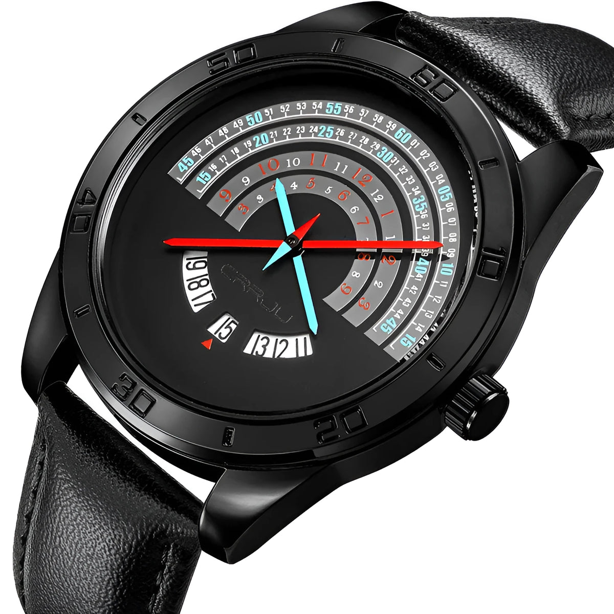 Men's sports wristwatch with black leather strap, 42mm alloy case, stainless steel buckle, 10mm dial