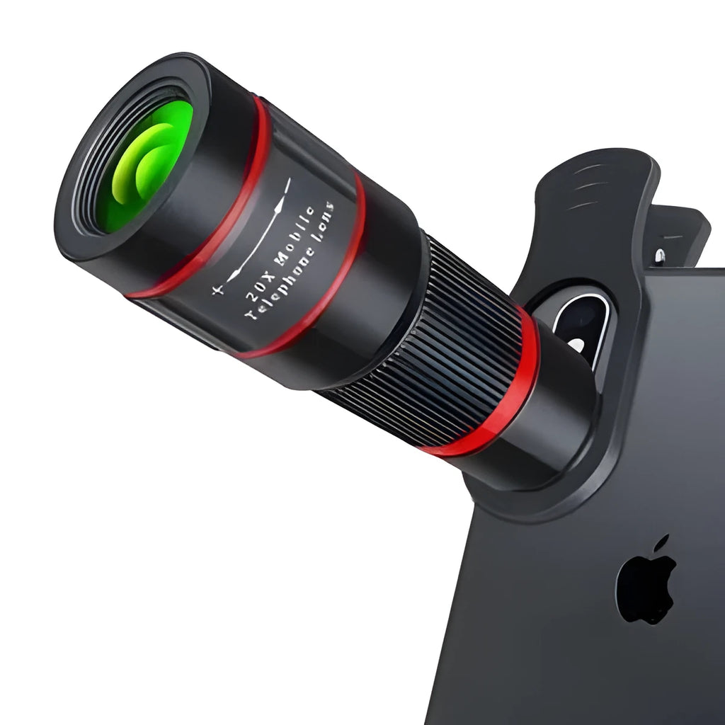 20x magnification smartphone telescope with universal mounting clip and plastic housing on a mobile phone.
