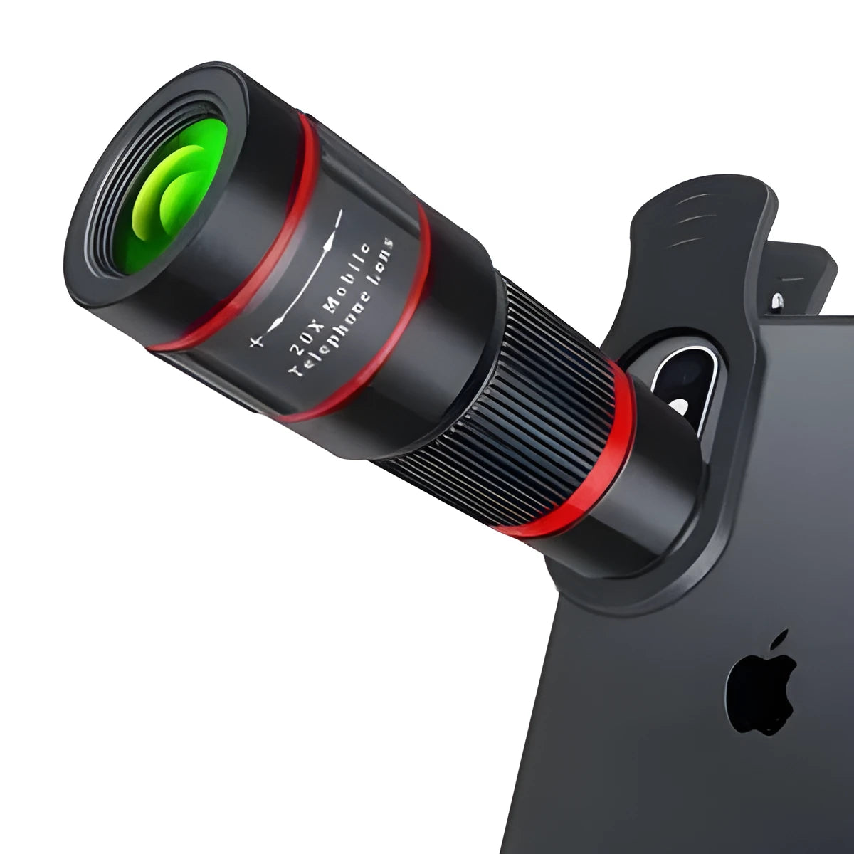20x magnification smartphone telescope with universal mounting clip and plastic housing on a mobile phone.