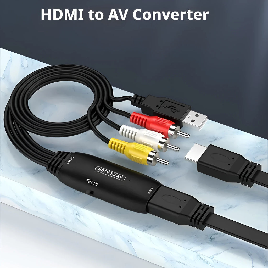 HDMI to AV converter adapter cable with 110cm length showing HDMI connector and AV output terminals