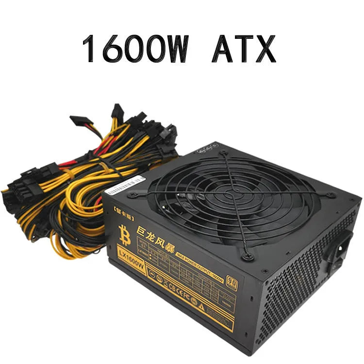 Black ATX server power supply unit with 110V input and multiple 6+2 pin GPU connectors rated up to 2000W