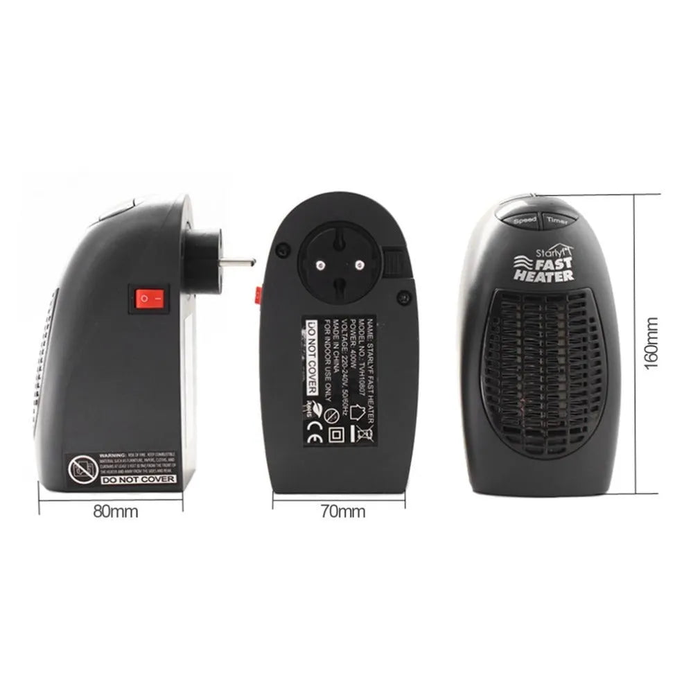 Black mini electric heater with digital display and a rotating three-prong plug on a white background.