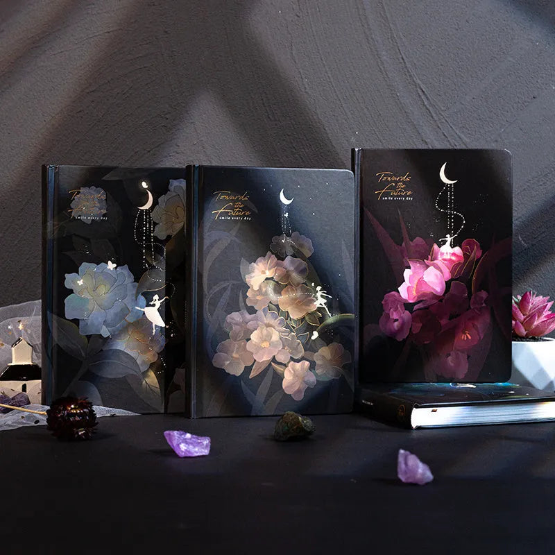 A5 notebook with luminous cover open to show colour illustrated pages, in Purple colour option.