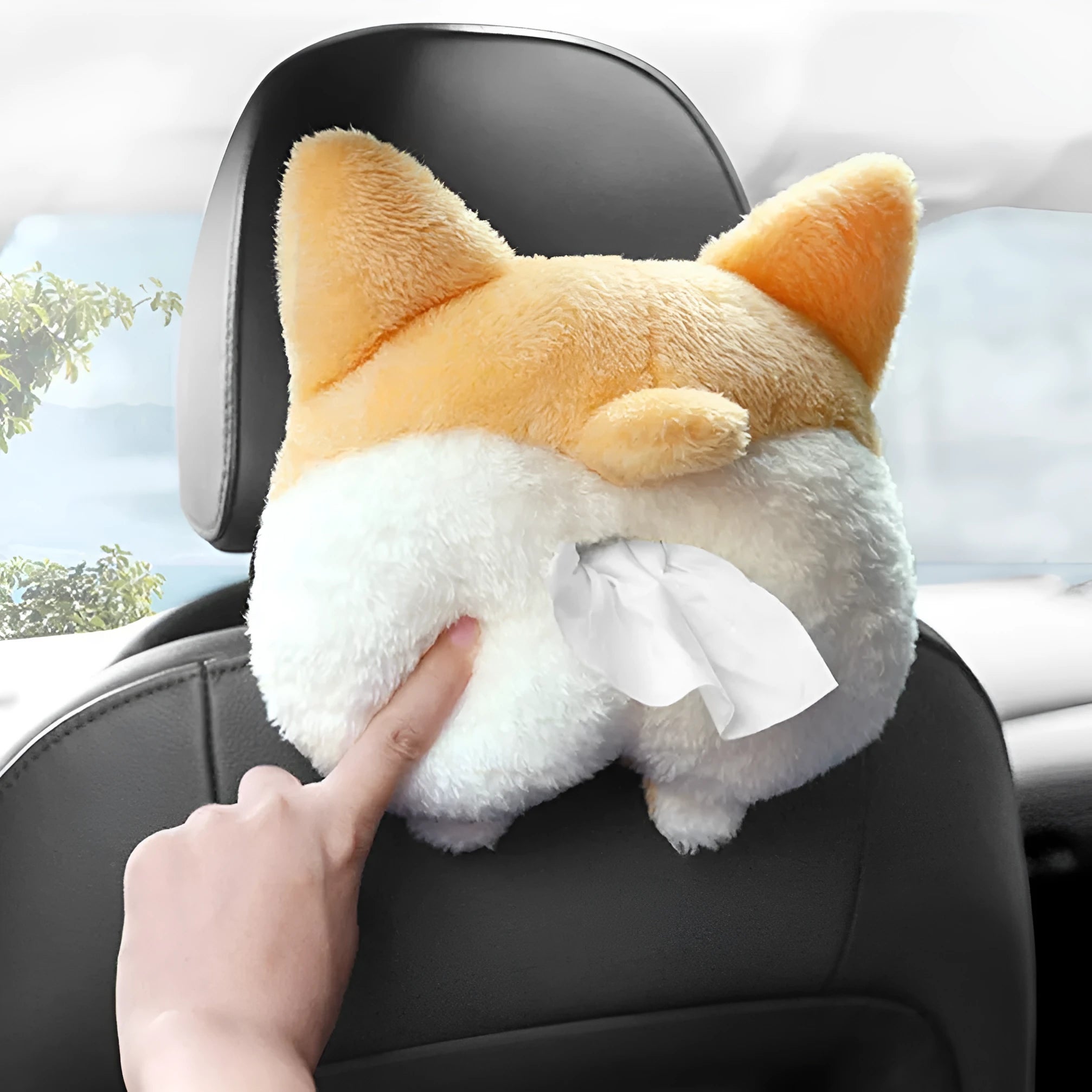 Yellow soft Corgi butt-shaped tissue box cover with elastic strap for car visor or home use.