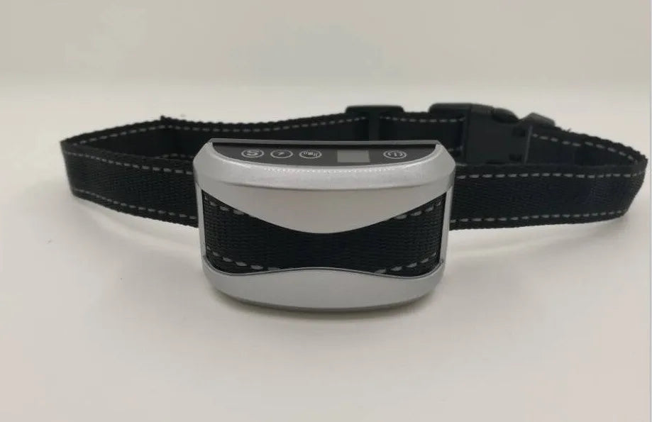 Black waterproof dog bark collar with digital display screen and adjustable reflective strap