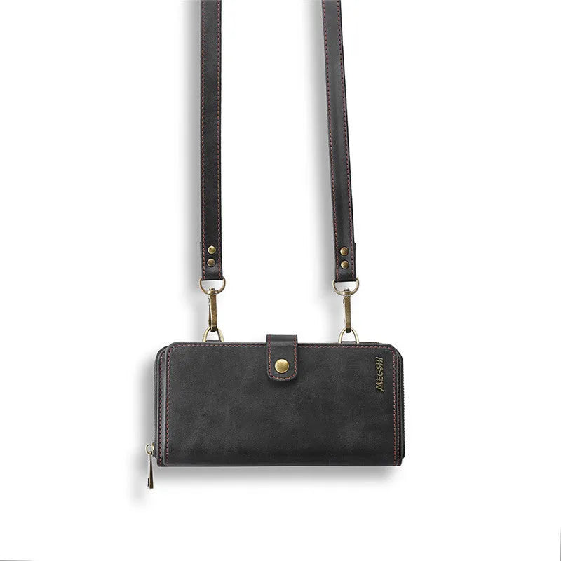 Black leather-style flip phone case with a detachable card wallet attached via strong adsorption.