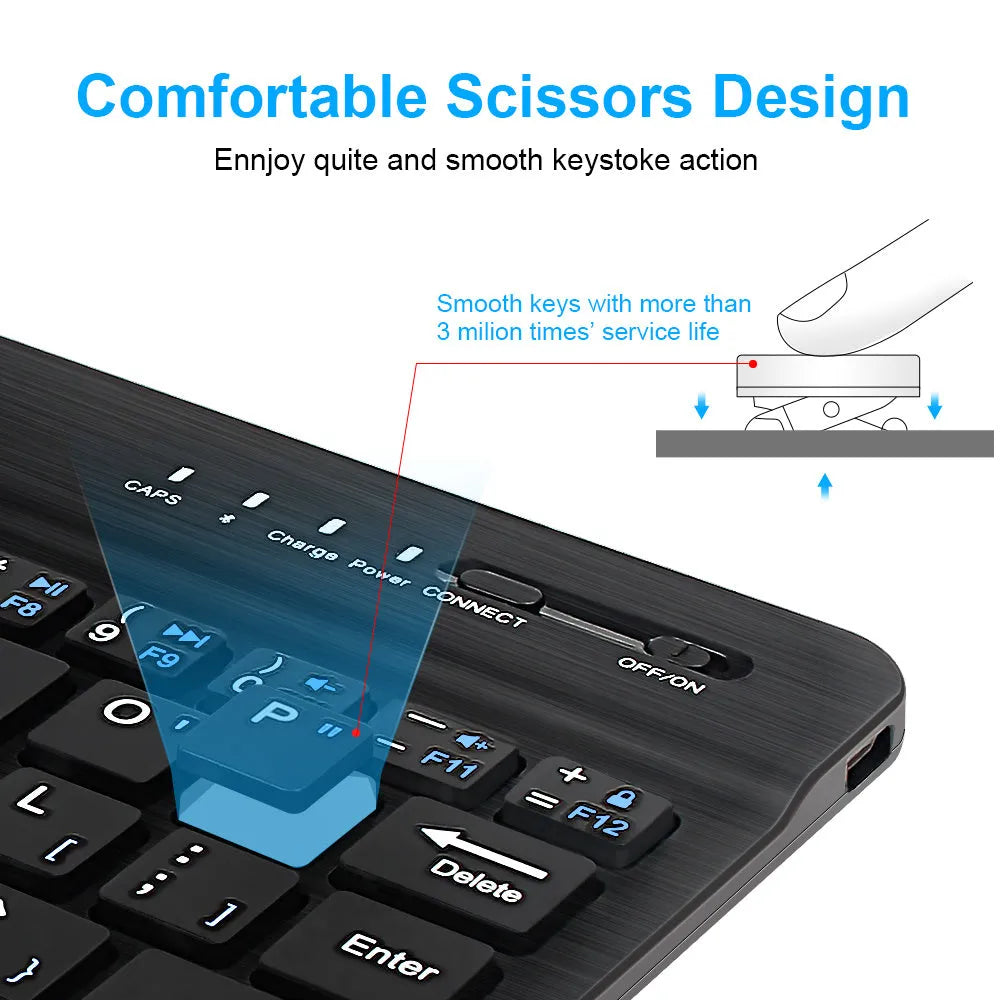 Mini Bluetooth wireless keyboard in black or white with 10-inch size option showing compact design